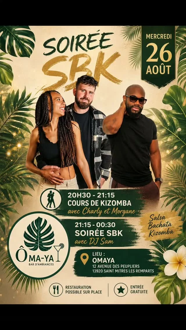 Une soirée SBK ce mercredi 26 Août 😍
Avec LET'S DANCE
Un moment de détente et de rencontres parfait, que l'on soit confirmé ou débutant 

💃 Stage de kizomba offert et soirée à entrée libre
🍹Restauration sur place
🕘 De 20h30 a 00h30
📍 A saint-mitre-les-remparts (13)

Réservations par sms au 07.89.35.04.45

Ô MA-YA BAR ❤️ 
Bar à cocktails et tapas, ambiance conviviale, dj set, animations et soirées SBK
