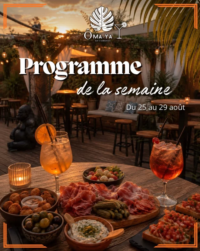 Cinq soirs, cinq ambiances à découvrir cette semaine à l’Ôma-ya.

Mardi 25 : DJ Set en terrasse avec TOMIX
Mercredi 26 : Soirée SBK (salsa / bachata / Kizomba) avec LET’S DANCE —> Stage offert !
Jeudi 27 : Shatta / Afro / Latino avec SLO
Vendredi 28 : Soirée généraliste avec LUDO
Samedi 29 : Afro House avec LACHICA

Cocktails, tapas, musique et bonne ambiance au programme.

Alors, on vous voit quel soir ?