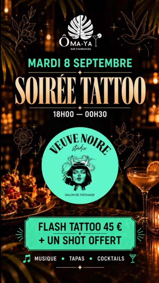 Une soirée a l'ambiance chill idéale pour prendre l'apéritif et se retrouver 
Puis oser le petit tattoo qui nous fait envie ! 
Blandine saura vous conseiller et réaliser le motif qui vous fait plaisir 

Mardi 8 août,  dès 18h00
Ô MA-YA BAR ❤️