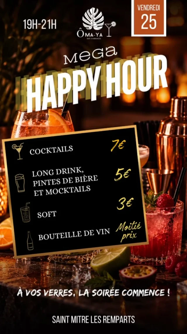 🍺 Mega Happy Hour ce vendredi 25 Septembre 😃
Alors que les prix grimpent partout, nous on les baisse pendant 2h (de 19h à 21h) 🫠
De quoi commencer la soirée en douceur:

🍸Cocktails à 7 euros
🍺Long drink, pintes de bieres et mocktails à 5 euros
🧃Softs à 3 euros 
🍷Bouteilles de vins à moitié prix
🥃Bouteilles spiritueux avec -20 euros appliqués

🎵 2 DJ pour vous ambiancer @tomix.music.officiel  et @webermusic_ 
Rien que du bon son pour danser !

🧆Tapas et bonne humeur pour parfaire la soirée 

📍Ô MA-YA BAR
Saint-mitre-les-remparts

*l'alcool est dangereux pour la santé A consommer avec modération