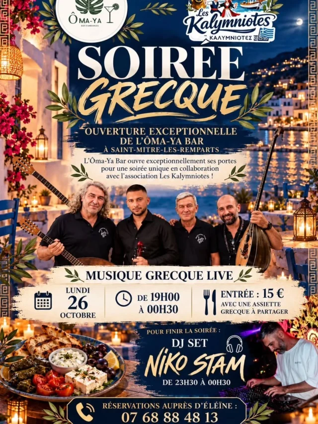 🇬🇷💙 SOIRÉE GRECQUE EXCEPTIONNELLE CHEZ ÔMA-YA BAR ! 💙🇬🇷
📅 LUNDI 26 OCTOBRE 2026
📍 Ôma-Ya Bar – Saint-Mitre-les-Remparts
Pour l’occasion, Ôma-Ya Bar ouvrira exceptionnellement ses portes pour une soirée unique en collaboration avec l’association Les Kalymniotes ! 🇬🇷✨
Au programme : une soirée aux couleurs de la Grèce, entre musique traditionnelle, partage, convivialité et ambiance festive !
🎶 MUSIQUE GRECQUE LIVE avec nos quatre musiciens pour vous faire voyager au cœur de la culture grecque.
🍽️ Entrée : 15 € par personne, avec une assiette grecque à partager.
🕖 De 19h00 à 00h30
🎧 Pour terminer la soirée en beauté : DJ SET NIKO STAM, de 23h30 à 00h30 !
⚠️ OUVERTURE EXCEPTIONNELLE : ne manquez pas cette soirée unique !
📞 Réservations auprès d’Éléïne : 07 68 88 48 13
Venez partager avec nous un moment de musique, de danse et de kefi ! 💙🤍
On vous attend nombreux pour faire vibrer Ôma-Ya Bar aux rythmes de la Grèce ! 🇬🇷🔥

@assos_kalymniotes